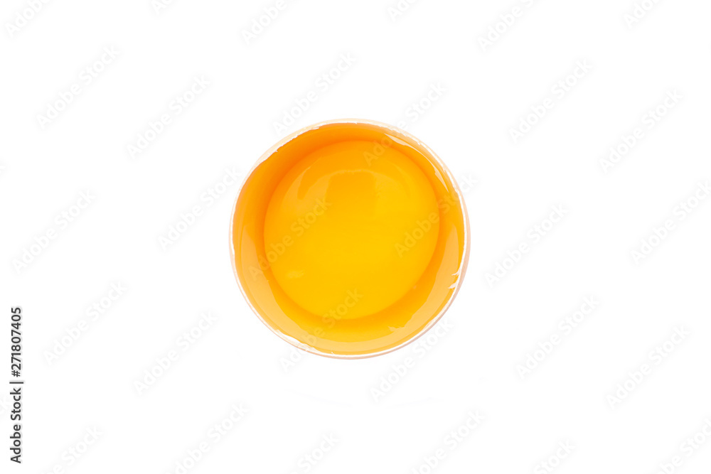 Half broken egg with yolk isolated on white background, top view Half broken egg with yolk isolated on white background, top view