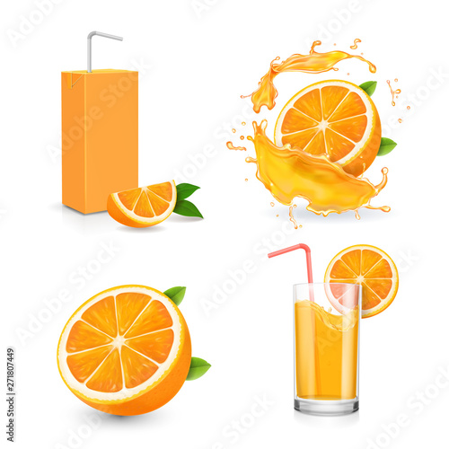 Orange juice isolated iconson white background. Orange drink package, glass, juice splash realistic set