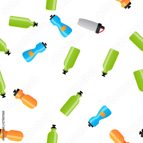Sport Bottle, Fitness Accessory Vector Thin Line Icons Seamless Pattern. Sport Bottle, Plastic, Metal Container for Water Linear Pictograms. Reusable Accessory to Quench Thirst in Gym Color Collection