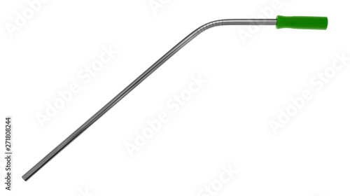 Stainless steel metal straw with a green silicone straw tip on a white background