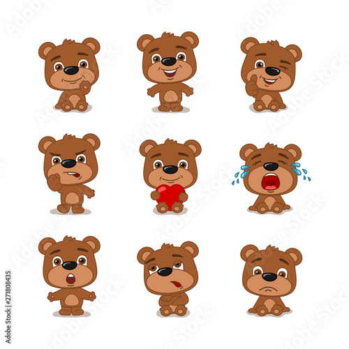 Set of funny little bear in different poses and emotions isolated on white background