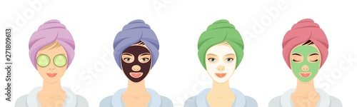Women in a Spa with different face masks set