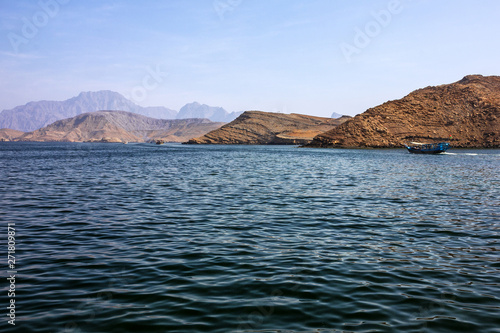 Dhow boat fiords sea view, Oman, Khasab. Musandam peninsula.