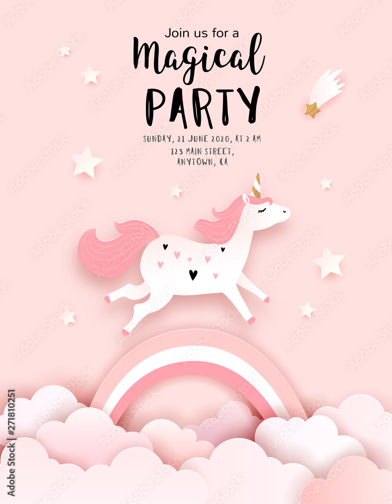 Unicorn Birthday Invitation Template, Welcome baby greeting card, vector paper art - obrazy, fototapety, plakaty 