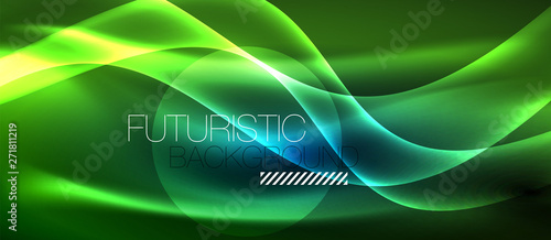 Glowing abstract wave on dark, shiny motion, magic space light. Techno abstract background