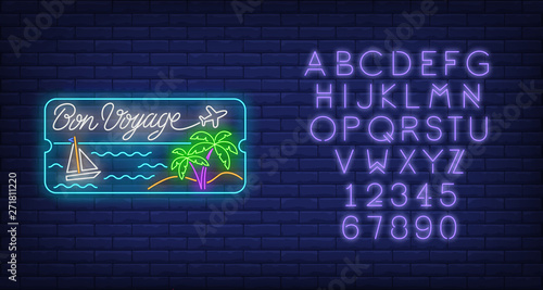 Bon Voyage neon lettering with sea beach, palm trees and ship. Tourism, vacation and travel design. Night bright neon sign, colorful billboard, light banner. Vector illustration in neon style.