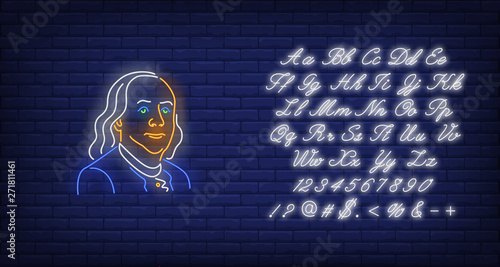 Benjamin Franklin silhouette neon sign. USA president, hundred dollar bill, declaration of independence. Vector illustration in neon style for festive banners, light billboards, 4th of July