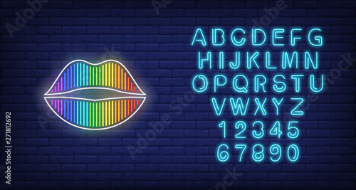 Rainbow colored woman lips neon sign. LGBT emblem, mouth, kiss. Vector illustration in neon style for bright banners, light billboards, gay pride flyers