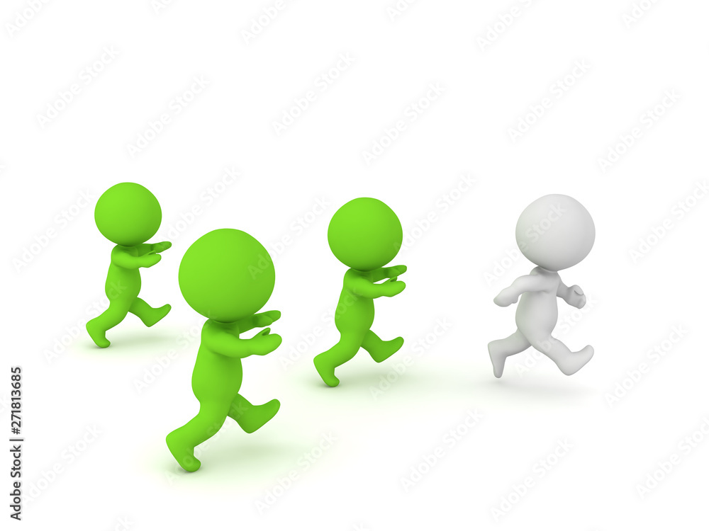 3D Three green zombies chasing a human 3D Three green zombies chasing a human