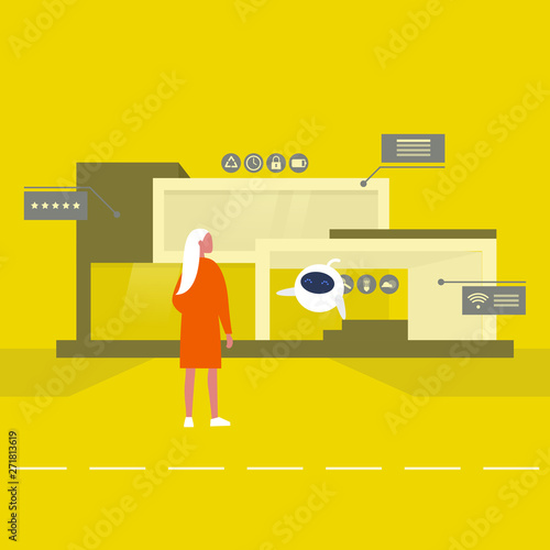 The interface of Smart home. New technologies. Lifestyle. Futuristic pop up windows. Data. Young female character standing in front of the building. Remote control. Cute robot hovering in the air