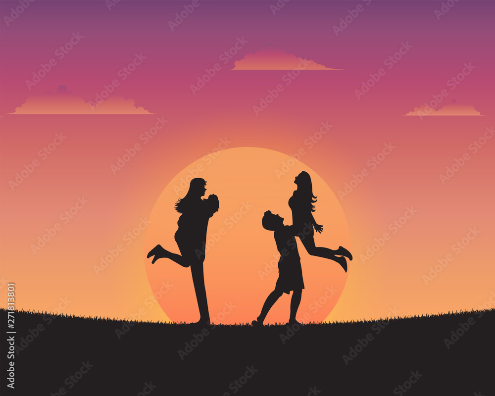 Silhouette happy young people of sunset background
