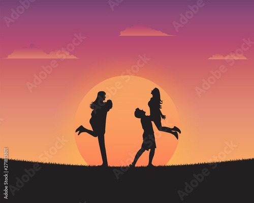 Silhouette happy young people of sunset background