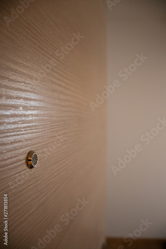 Door lens peephole on wooden texture side view