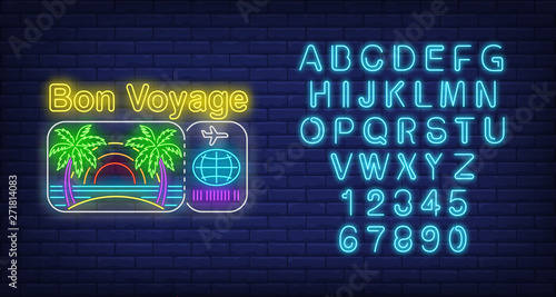 Bon Voyage neon lettering with beach and flight ticket logo. Tourism, vacation and travel design. Night bright neon sign, colorful billboard, light banner. Vector illustration in neon style.