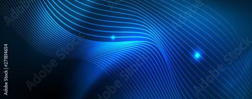 Smooth wave lines on blue neon color light background. Glowing abstract wave on dark, shiny motion, magic space light