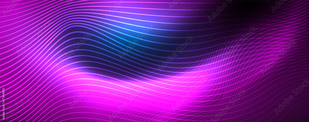 Fototapeta premium Smooth wave lines on blue neon color light background. Glowing abstract wave on dark, shiny motion, magic space light