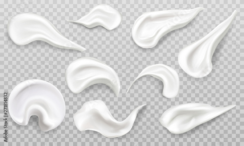 White cream smears swatch set. Cosmetics beauty skin care product strokes isolated on transparent background, foundation, milk, lotion, foam drops texture. Realistic 3d vector illustration, clip art.
