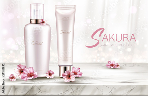 Cosmetics bottles skin care mockup, beauty product line with sakura flowers on marble table top with white silk curtains background. Cosmetic cream, serum tubes packaging design. Realistic 3d vector