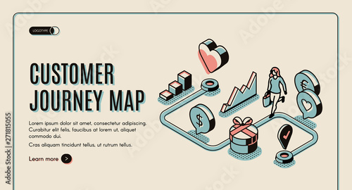 Customer journey map banner. Process of purchasing decision, buyer make purchase moving by specified route, promotion, search website. 3d isometric vector illustration, line art, landing page template