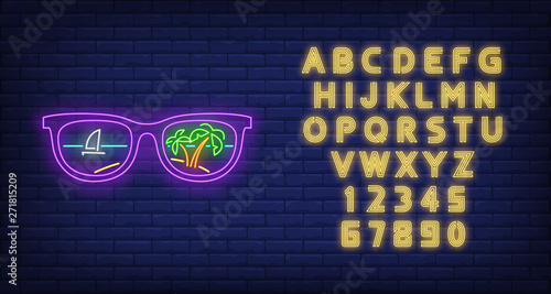 Sunglasses with palm trees and ship reflection neon sign. Tourism, vacation, travel, summer design. Night bright neon sign, colorful billboard, light banner. Vector illustration in neon style.
