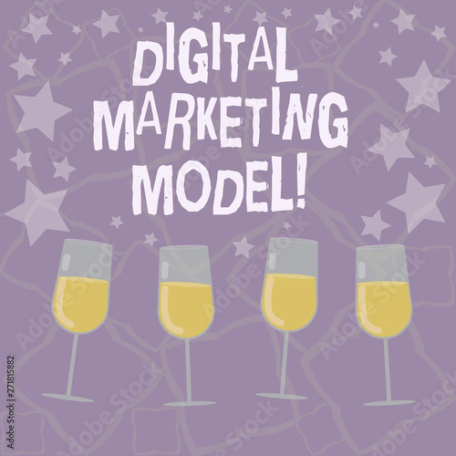 Writing note showing Digital Marketing Model. Business photo showcasing company s is plan for how it will generate revenues Filled Cocktail Wine Glasses with Scattered Stars as Confetti Stemware