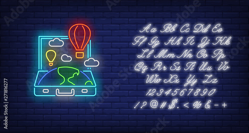 Earth and hot air balloons in open suitcase neon sign. Tourism, vacation, travel design. Night bright neon sign, colorful billboard, light banner. Vector illustration in neon style.
