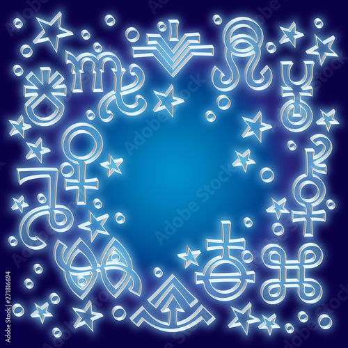 «Astrological diadem», the excerpt of some recent astrological signs and occult mystical symbols. Astrological pattern, celestial background with embossed silver signs and stars.