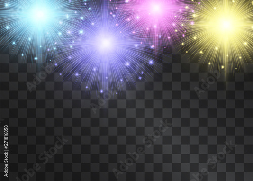 Fireworks light effect frame, shining glitter decorative holiday design for 4th of july posters, banners, invitation. Sparkling energy explosions with stardust sparkles. American holiday celebration.