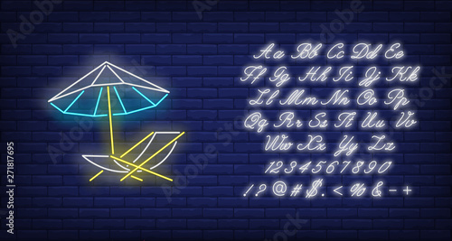 Beach umbrella and chaise longue neon sign. Summer, holiday, vacation, resort design. Night bright neon sign, colorful billboard, light banner. Vector illustration in neon style.