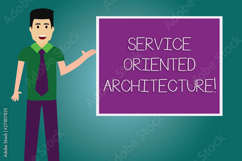 Conceptual hand writing showing Service Oriented Architecture. Business photo showcasing Central interface A way of organizing software Man with Tie Talking Presenting Blank Color Square Board