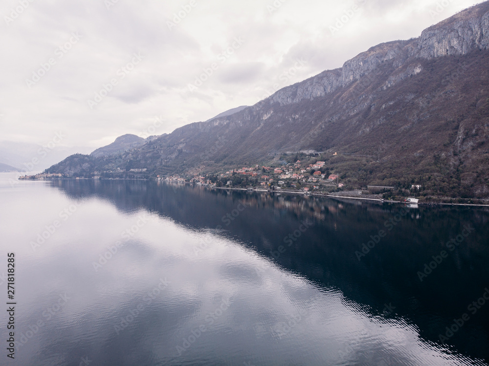 Cloudy Lake Como, Italy. Aerial top view