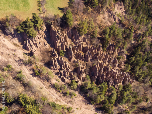 Natural earth pyramids in Renon Ritten Italy. Aerial view