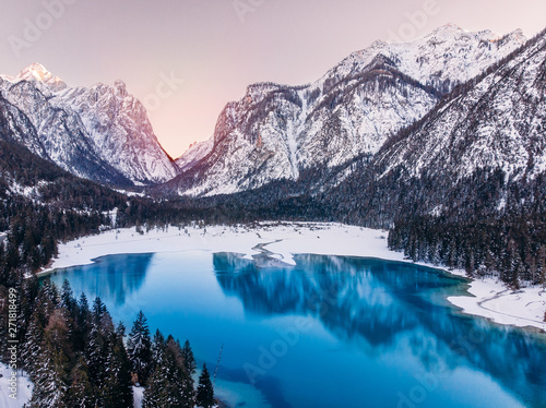Misurina lake sunset blue winter Dolomites Val di Funes valley  Italy. Aerial top view
