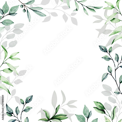 Greeting card template, watercolor leaf. Frame border, floral background hand painted. Summer design isolated on white.