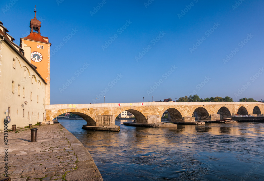 Stone Bridge over Danube river at Regensburg Bavaria Germany