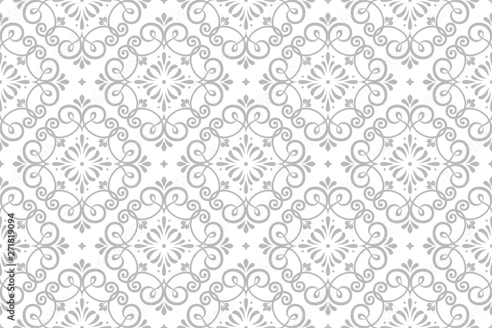 Wallpaper in the style of Baroque. Seamless vector background. White and grey floral ornament. Graphic pattern for fabric, wallpaper, packaging. Ornate Damask flower ornament.