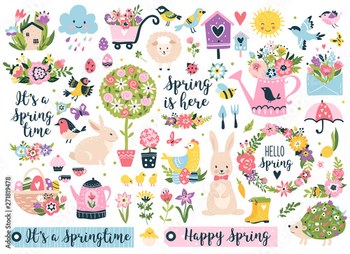 Spring set, hand drawn elements- flowers, birds, wreaths, quotes and other. Perfect for scrapbooking, greeting card, party invitation, poster, tag, sticker kit. Vector illustration.