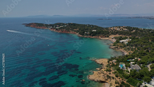 Fototapeta Naklejka Na Ścianę i Meble -  Aerial drone bird's eye panoramic photo of famous celebrity sandy beach of Astir or Asteras in south Athens riviera with turquoise clear waters, Vouliagmeni, Greece