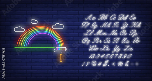 Painted rainbow neon sign. LGBT symbol, roller, cloud. Vector illustration in neon style for bright banners, light billboards, gay pride emblem