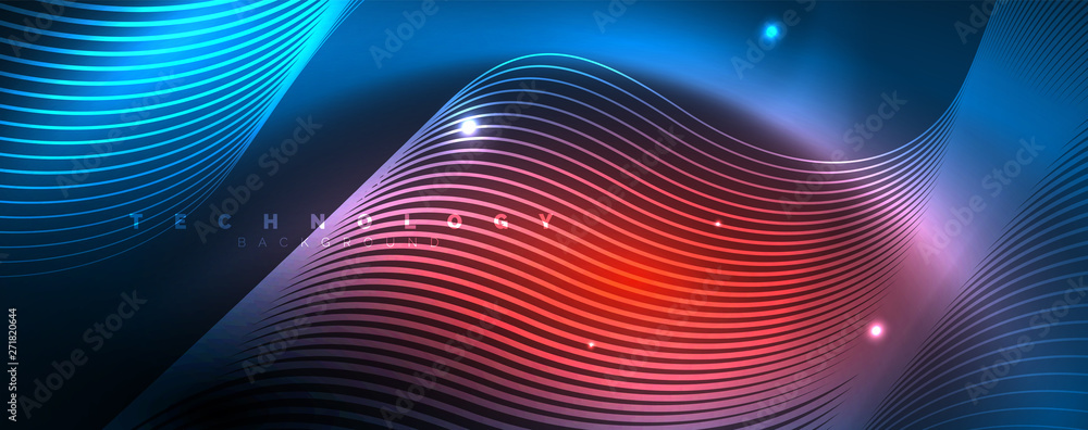 Trendy neon blue abstract design with waves and circles. Neon light glowing effect. Abstract digital background. Trendy neon blue abstract design with waves and circles. Neon light glowing effect. Abstract digital background.