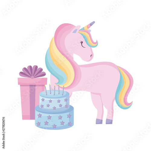cute unicorn with cake birthday and gift box