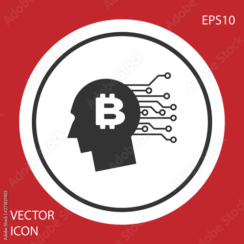 Grey Bitcoin think icon isolated on red background. Cryptocurrency head. Blockchain technology, bitcoin, digital money market, cryptocoin wallet. White circle button. Vector Illustration