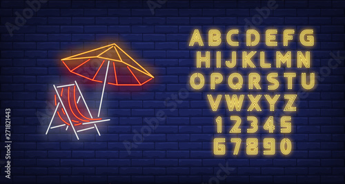 Beach umbrella and chair neon sign. Summer, holiday, vacation, resort design. Night bright neon sign, colorful billboard, light banner. Vector illustration in neon style.