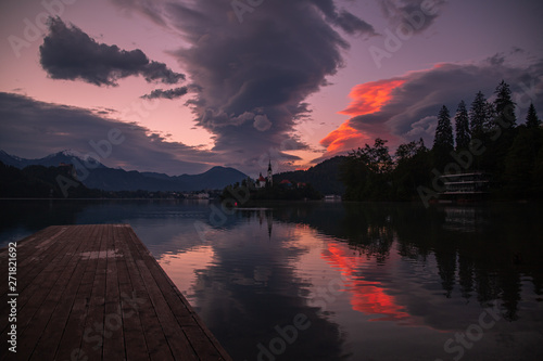 sunset at the lake bled in slovenia 