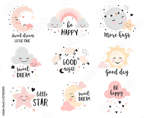 Cute posters with moon, stars, clouds. Vector prints for baby room, baby shower, greeting card, kids and baby t-shirts and wear. Hand drawn nursery illustration