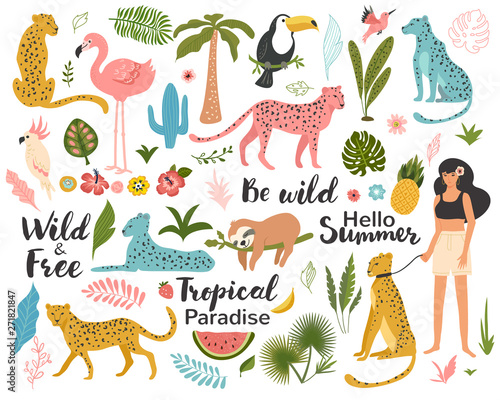 Tropical exotic set with leaf, leopards, parrot, toucan, palm tree and quotes. Wild animals and birds. Summer vector illustration.