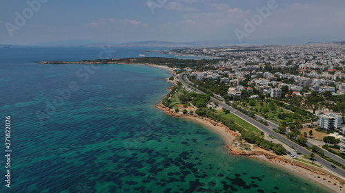 Aerial drone bird's eye view of famous seascape of Athens Riviera, Voula, Athens Riviera, Attica, Greece © aerial-drone