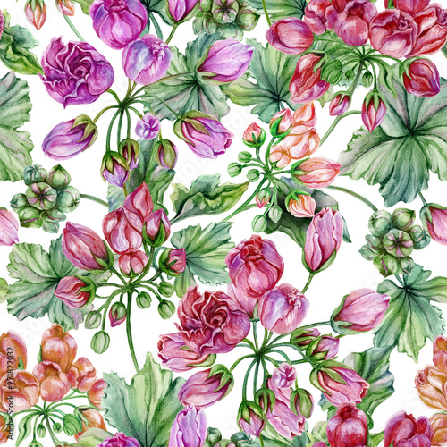 Beautiful floral background with pelargonium flowers and leaves. Seamless botanical pattern. Watercolor painting. Hand painted floral illustration. © katiko2016