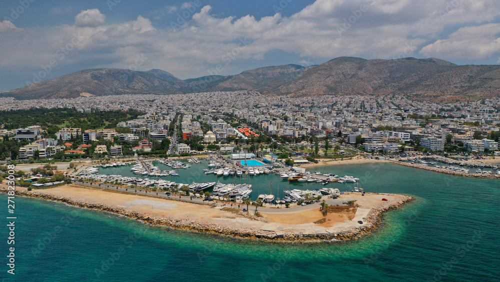 Aerial drone panoramic photo of famous seaside area of Glyfada, Attica, Athens riviera, Greece