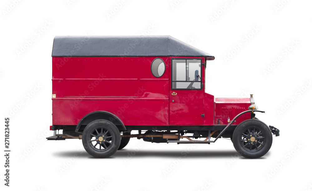 Red antique truck side view isolated on white